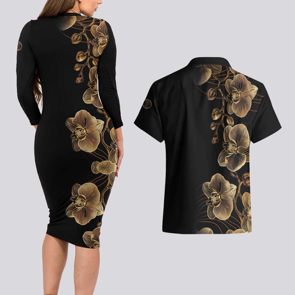 Belize Gold Orchid Couples Matching Long Sleeve Bodycon Dress and Hawaiian Shirt Luxury Stylized