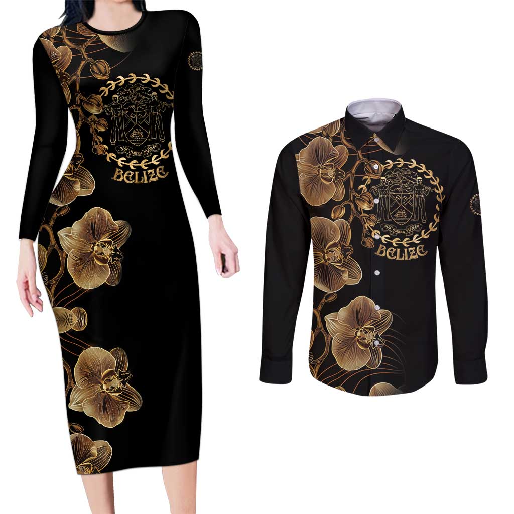 Belize Gold Orchid Couples Matching Long Sleeve Bodycon Dress and Long Sleeve Button Shirt Luxury Stylized