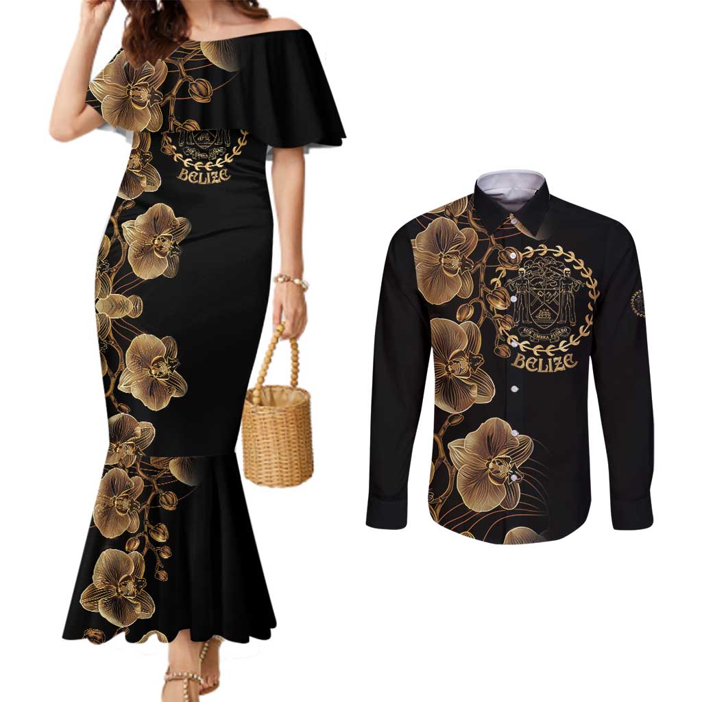 Belize Gold Orchid Couples Matching Mermaid Dress and Long Sleeve Button Shirt Luxury Stylized