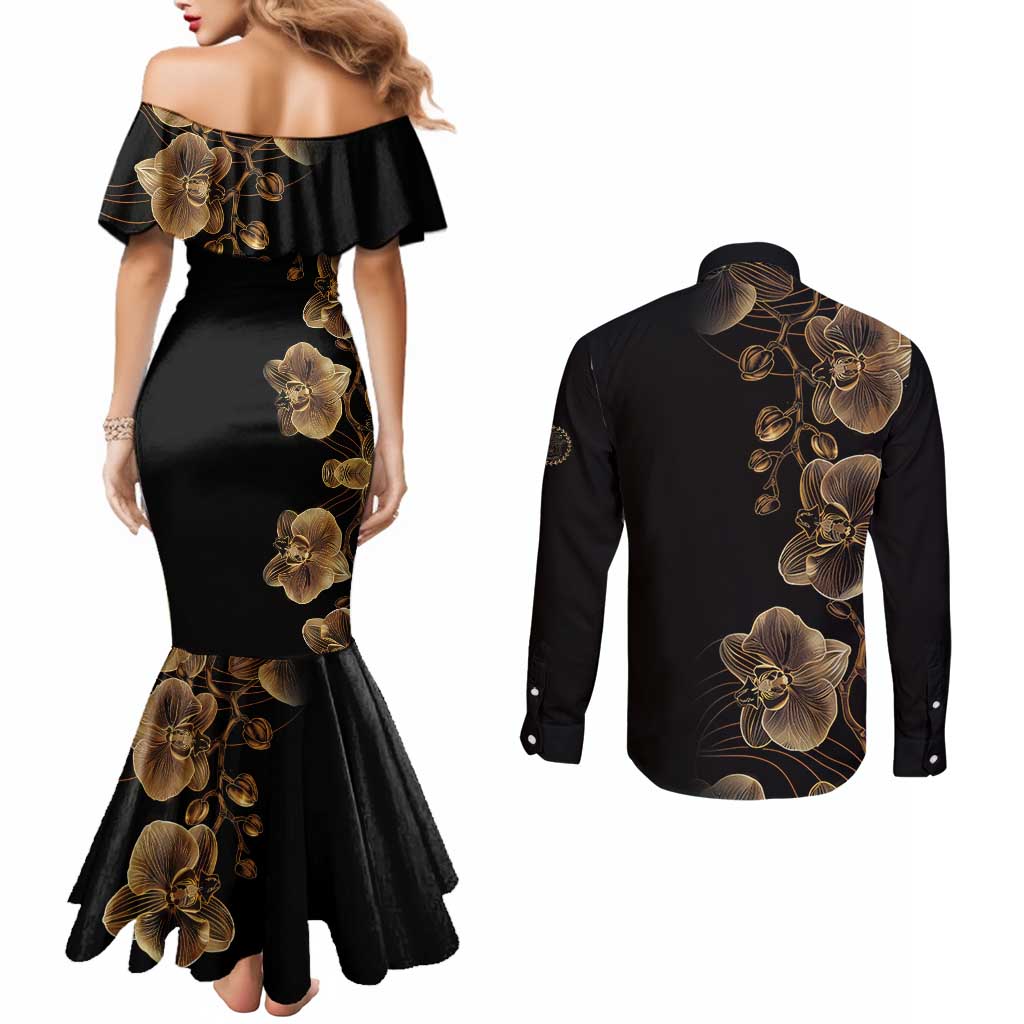 Belize Gold Orchid Couples Matching Mermaid Dress and Long Sleeve Button Shirt Luxury Stylized