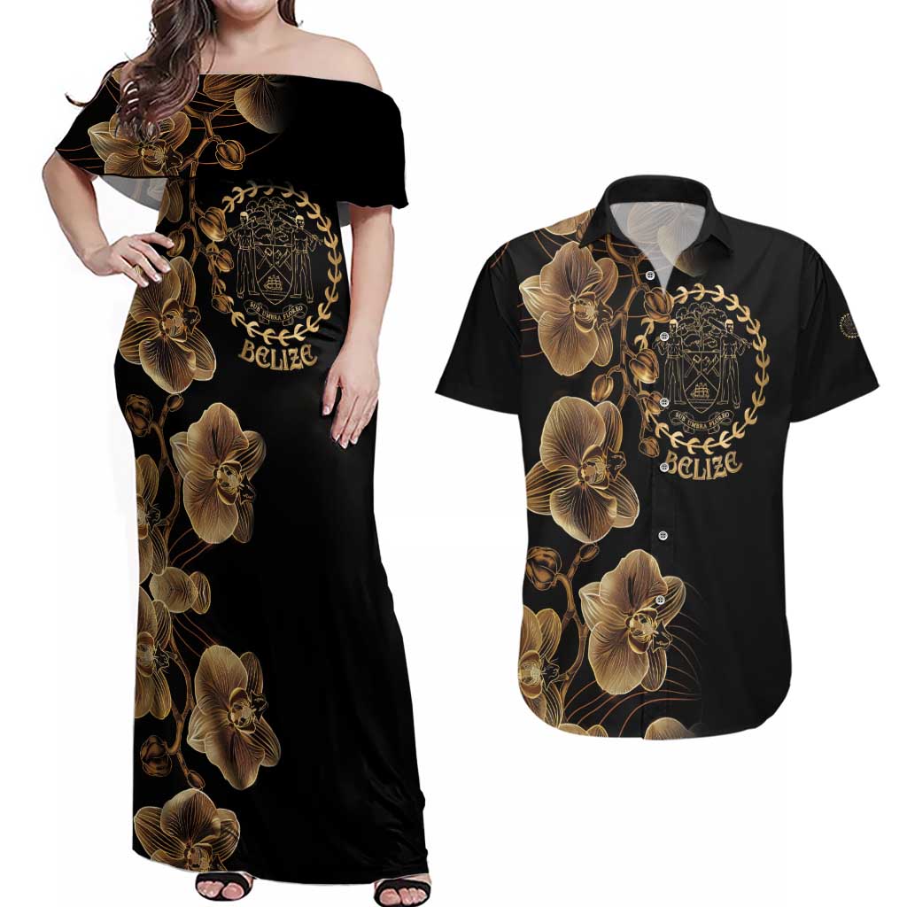 Belize Gold Orchid Couples Matching Off Shoulder Maxi Dress and Hawaiian Shirt Luxury Stylized
