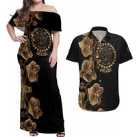 Belize Gold Orchid Couples Matching Off Shoulder Maxi Dress and Hawaiian Shirt Luxury Stylized
