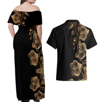 Belize Gold Orchid Couples Matching Off Shoulder Maxi Dress and Hawaiian Shirt Luxury Stylized