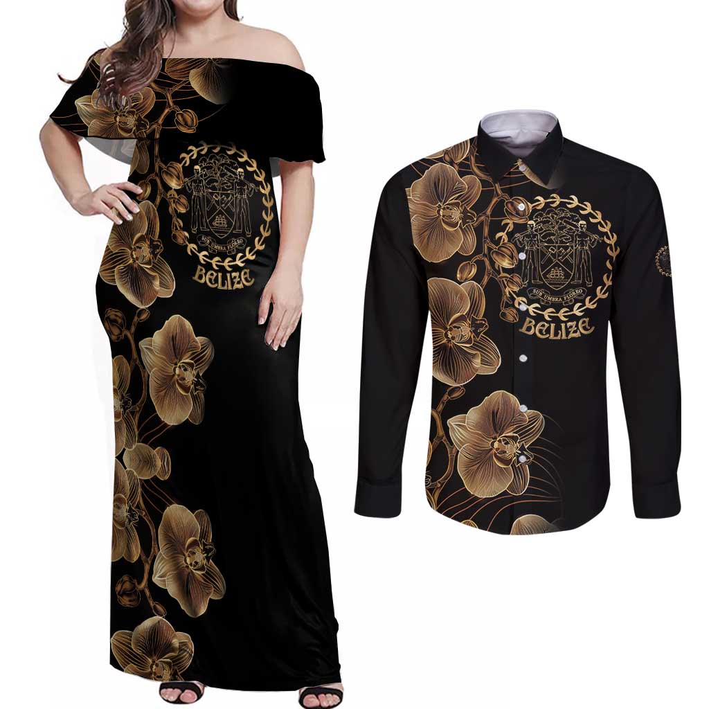 Belize Gold Orchid Couples Matching Off Shoulder Maxi Dress and Long Sleeve Button Shirt Luxury Stylized