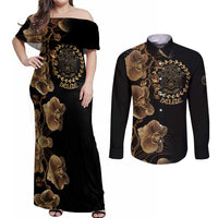 Belize Gold Orchid Couples Matching Off Shoulder Maxi Dress and Long Sleeve Button Shirt Luxury Stylized