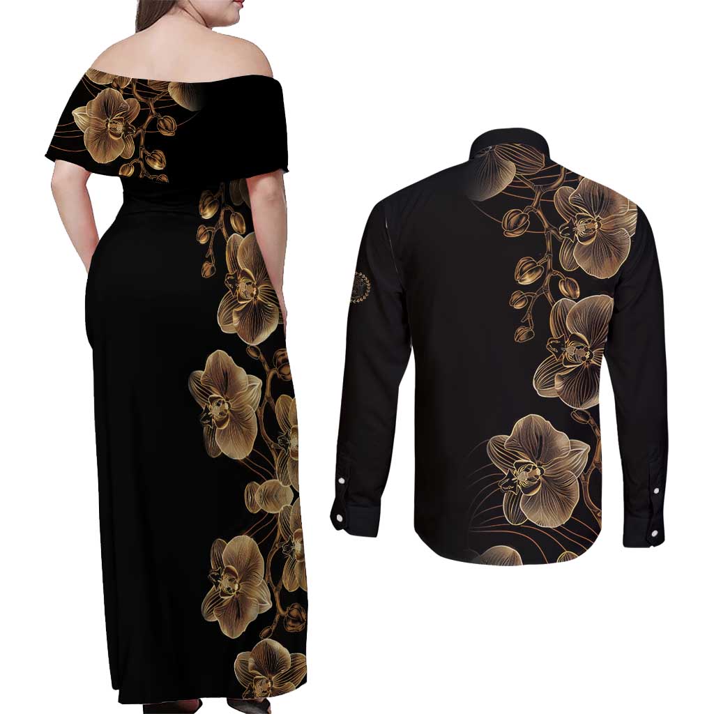 Belize Gold Orchid Couples Matching Off Shoulder Maxi Dress and Long Sleeve Button Shirt Luxury Stylized