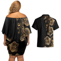 Belize Gold Orchid Couples Matching Off Shoulder Short Dress and Hawaiian Shirt Luxury Stylized