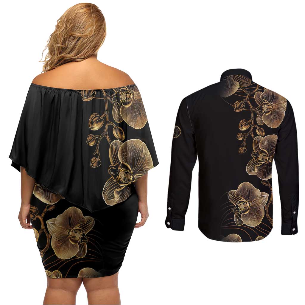 Belize Gold Orchid Couples Matching Off Shoulder Short Dress and Long Sleeve Button Shirt Luxury Stylized