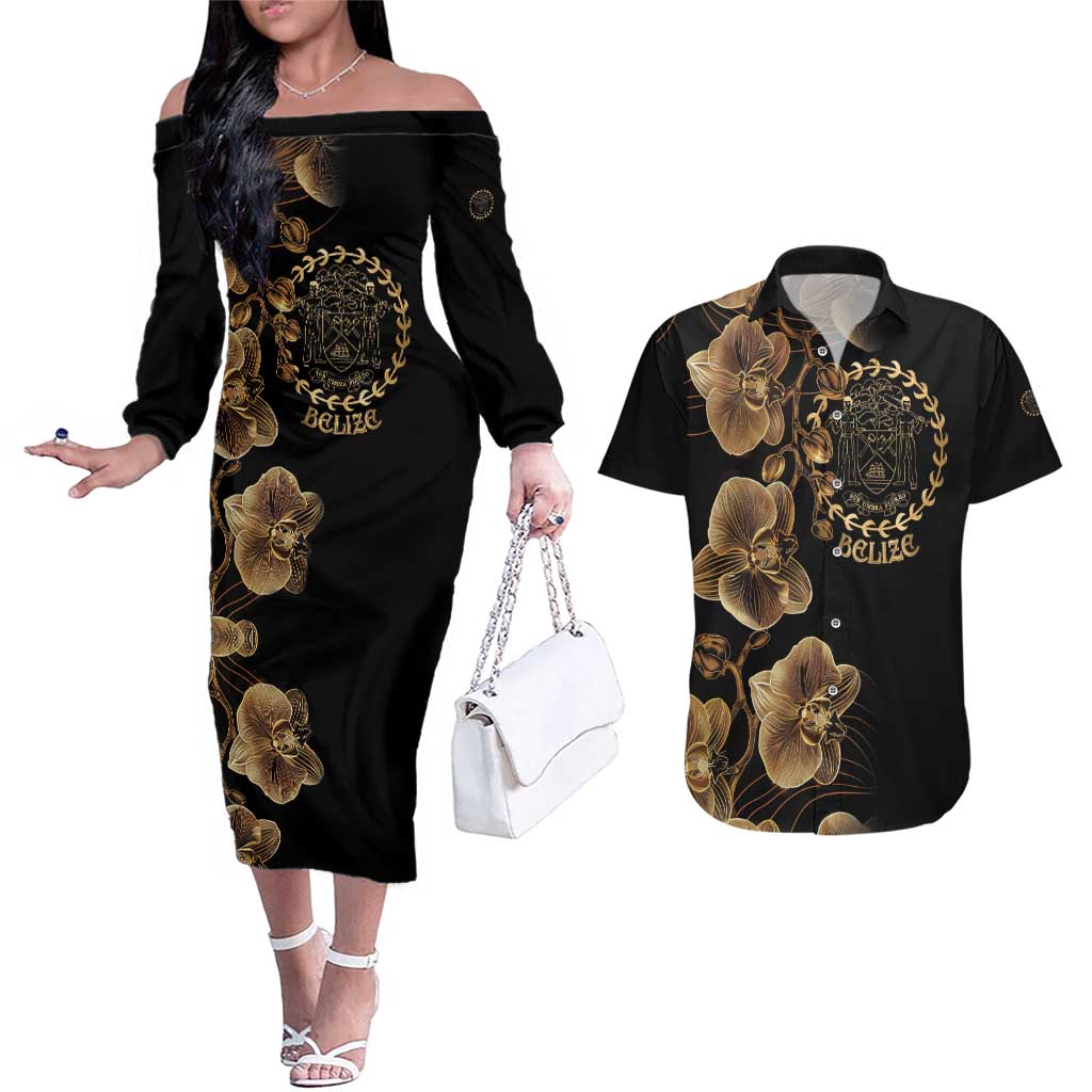 Belize Gold Orchid Couples Matching Off The Shoulder Long Sleeve Dress and Hawaiian Shirt Luxury Stylized