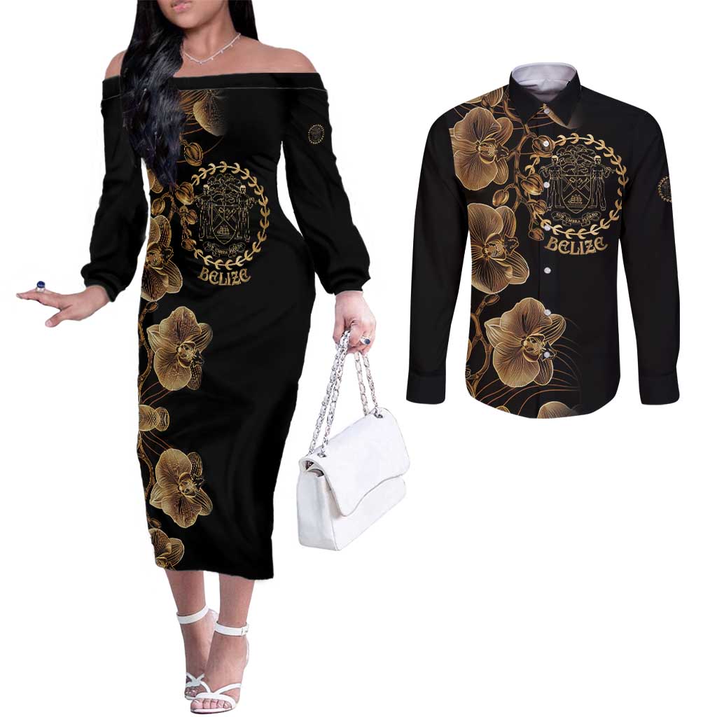 Belize Gold Orchid Couples Matching Off The Shoulder Long Sleeve Dress and Long Sleeve Button Shirt Luxury Stylized