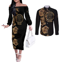 Belize Gold Orchid Couples Matching Off The Shoulder Long Sleeve Dress and Long Sleeve Button Shirt Luxury Stylized