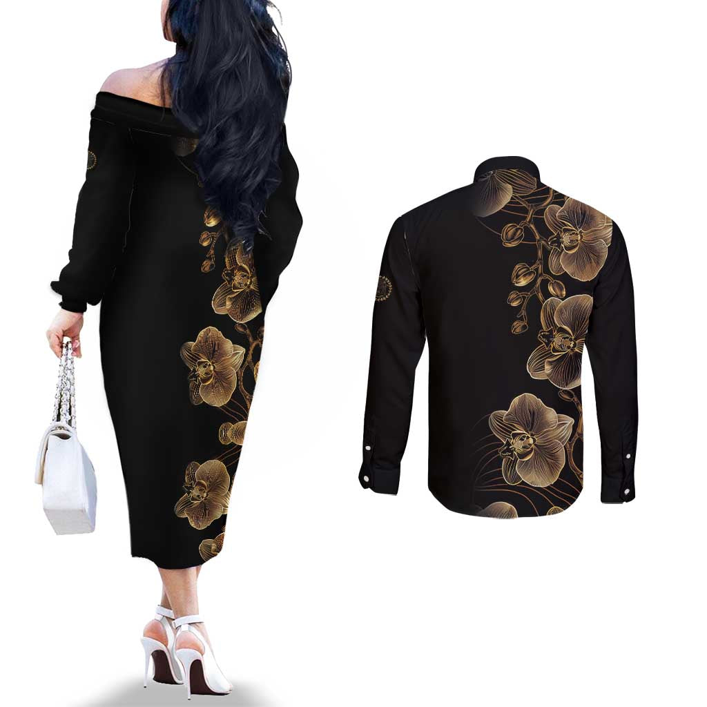 Belize Gold Orchid Couples Matching Off The Shoulder Long Sleeve Dress and Long Sleeve Button Shirt Luxury Stylized