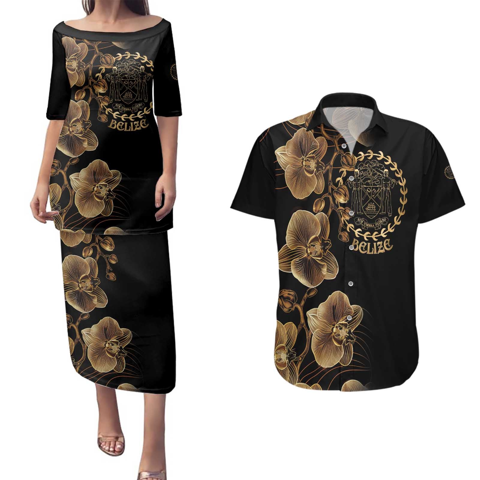 Belize Gold Orchid Couples Matching Puletasi and Hawaiian Shirt Luxury Stylized