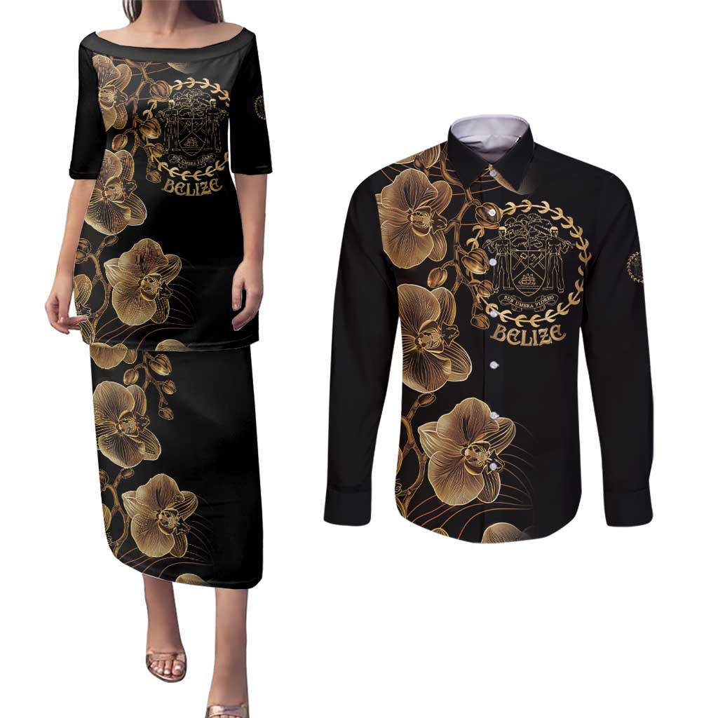 Belize Gold Orchid Couples Matching Puletasi and Long Sleeve Button Shirt Luxury Stylized