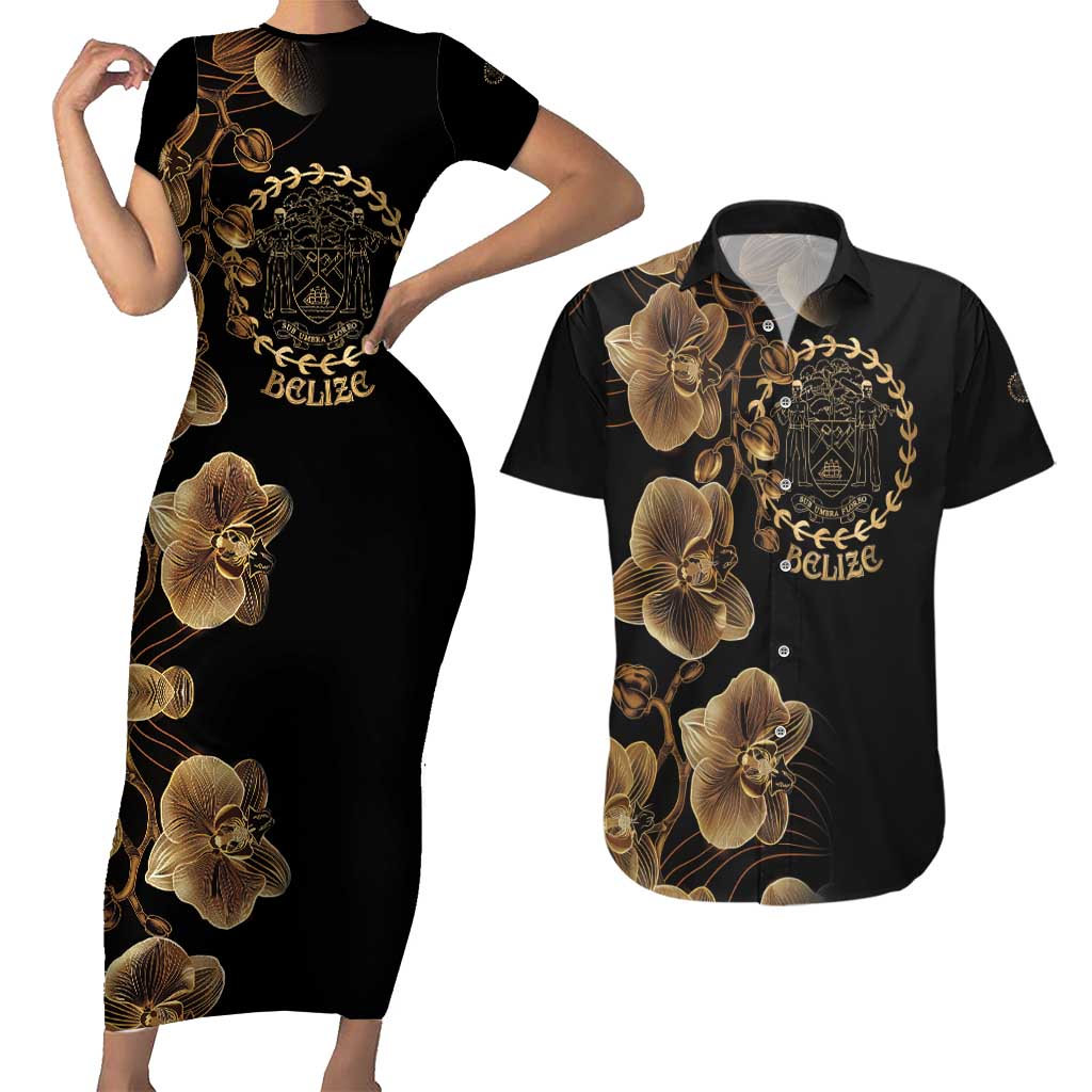 Belize Gold Orchid Couples Matching Short Sleeve Bodycon Dress and Hawaiian Shirt Luxury Stylized