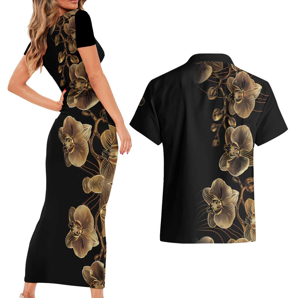 Belize Gold Orchid Couples Matching Short Sleeve Bodycon Dress and Hawaiian Shirt Luxury Stylized