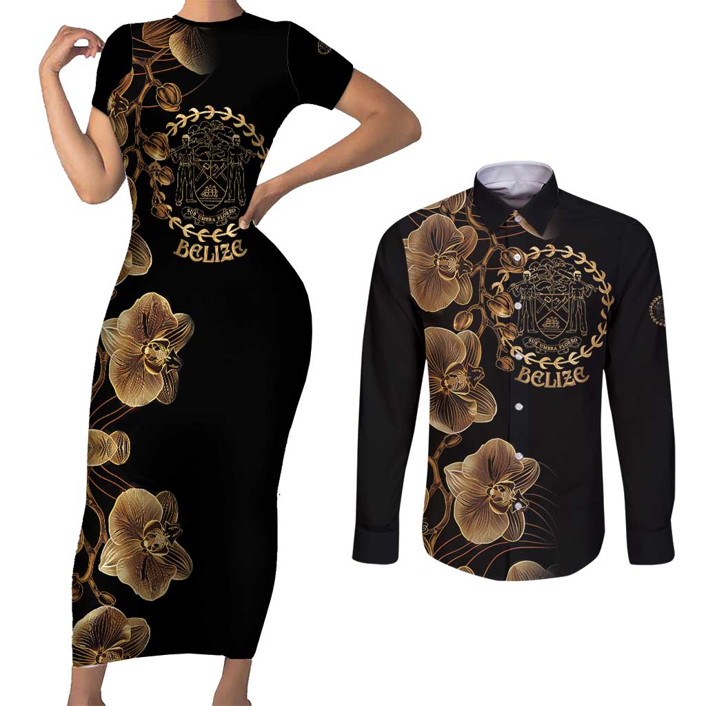 Belize Gold Orchid Couples Matching Short Sleeve Bodycon Dress and Long Sleeve Button Shirt Luxury Stylized