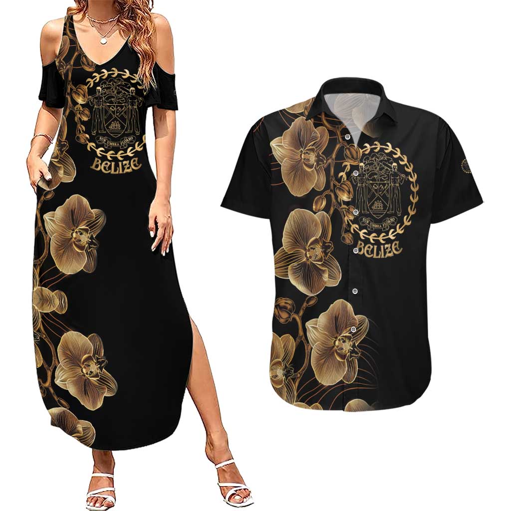 Belize Gold Orchid Couples Matching Summer Maxi Dress and Hawaiian Shirt Luxury Stylized