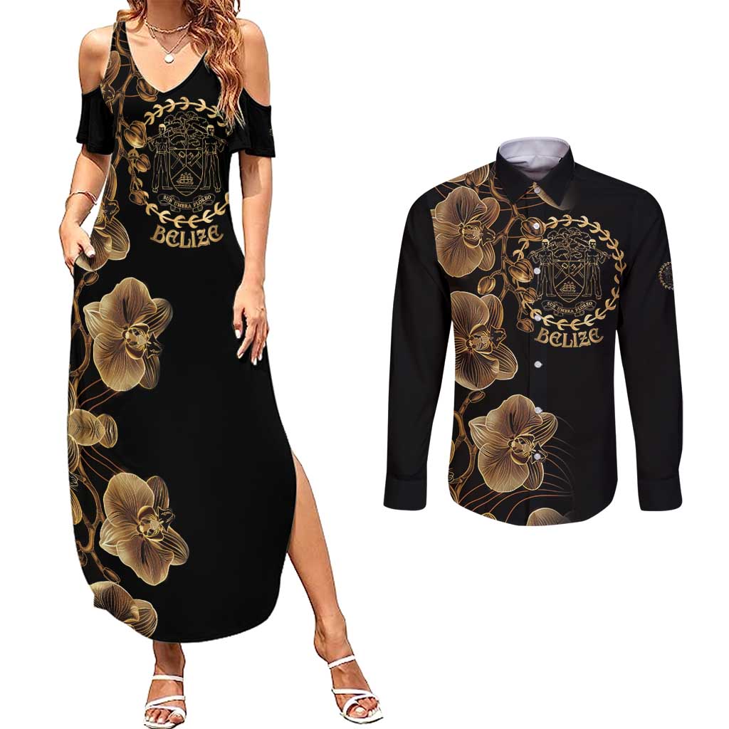 Belize Gold Orchid Couples Matching Summer Maxi Dress and Long Sleeve Button Shirt Luxury Stylized