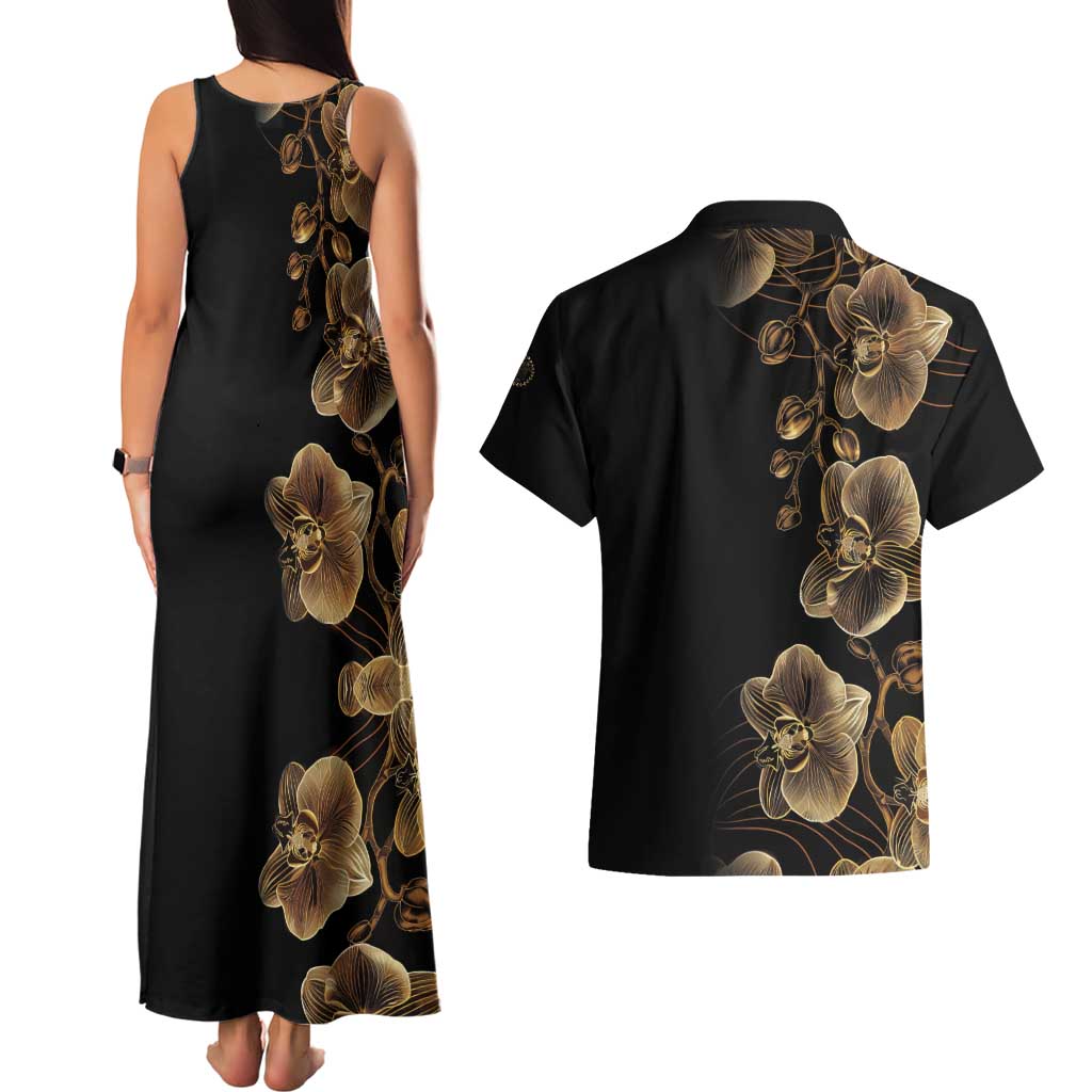 Belize Gold Orchid Couples Matching Tank Maxi Dress and Hawaiian Shirt Luxury Stylized