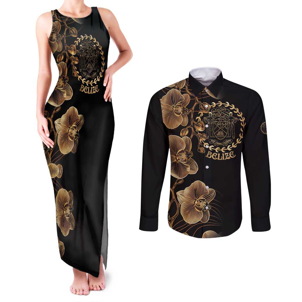 Belize Gold Orchid Couples Matching Tank Maxi Dress and Long Sleeve Button Shirt Luxury Stylized