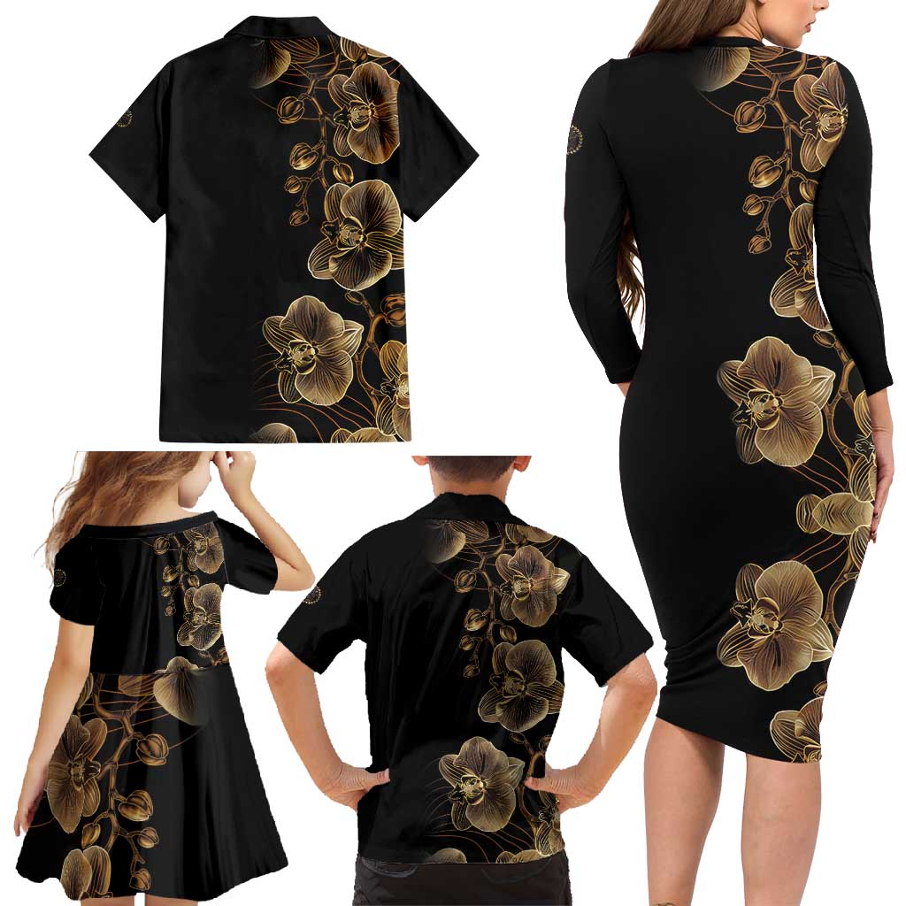 Belize Gold Orchid Family Matching Long Sleeve Bodycon Dress and Hawaiian Shirt Luxury Stylized
