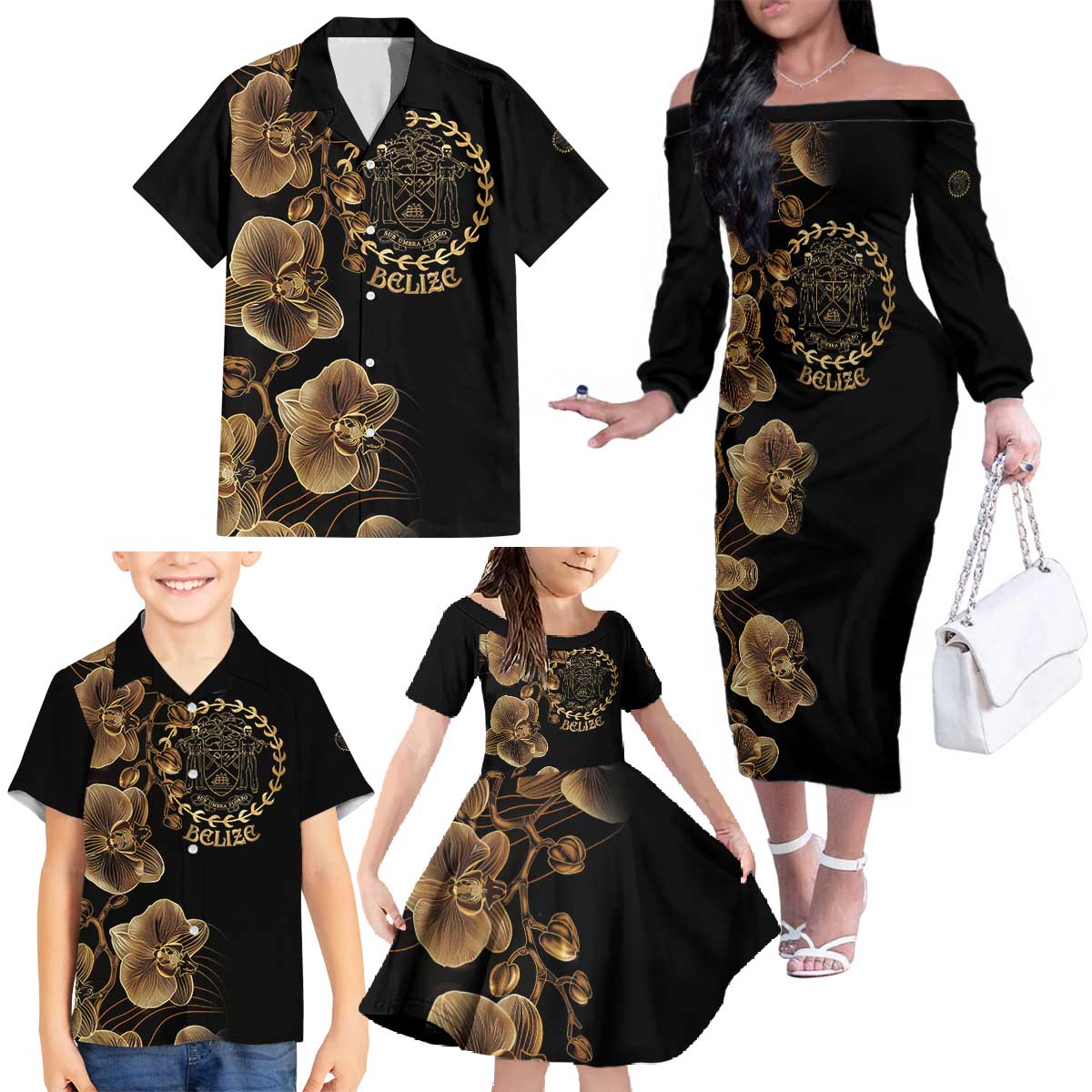 Belize Gold Orchid Family Matching Off The Shoulder Long Sleeve Dress and Hawaiian Shirt Luxury Stylized