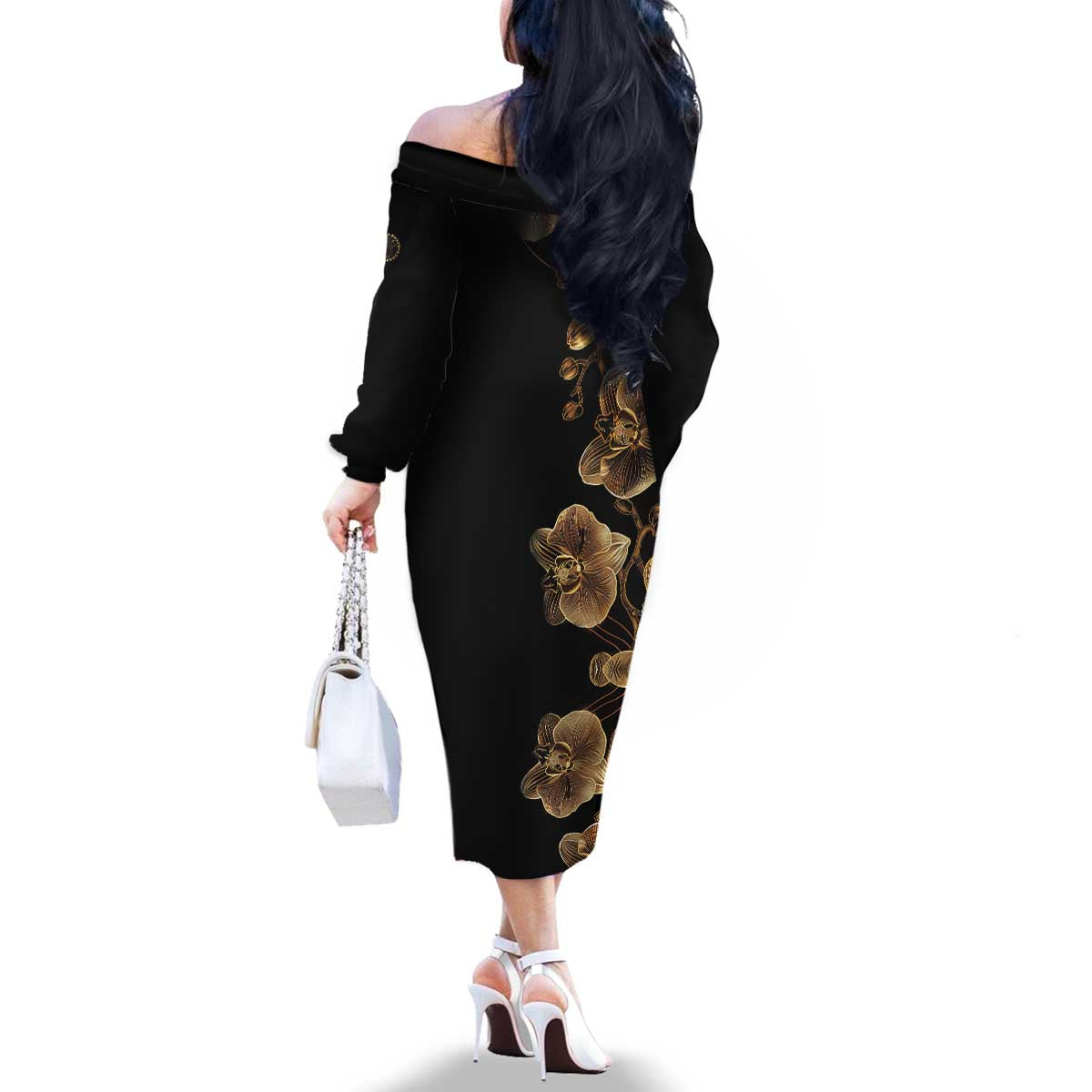 Belize Gold Orchid Family Matching Off The Shoulder Long Sleeve Dress and Hawaiian Shirt Luxury Stylized