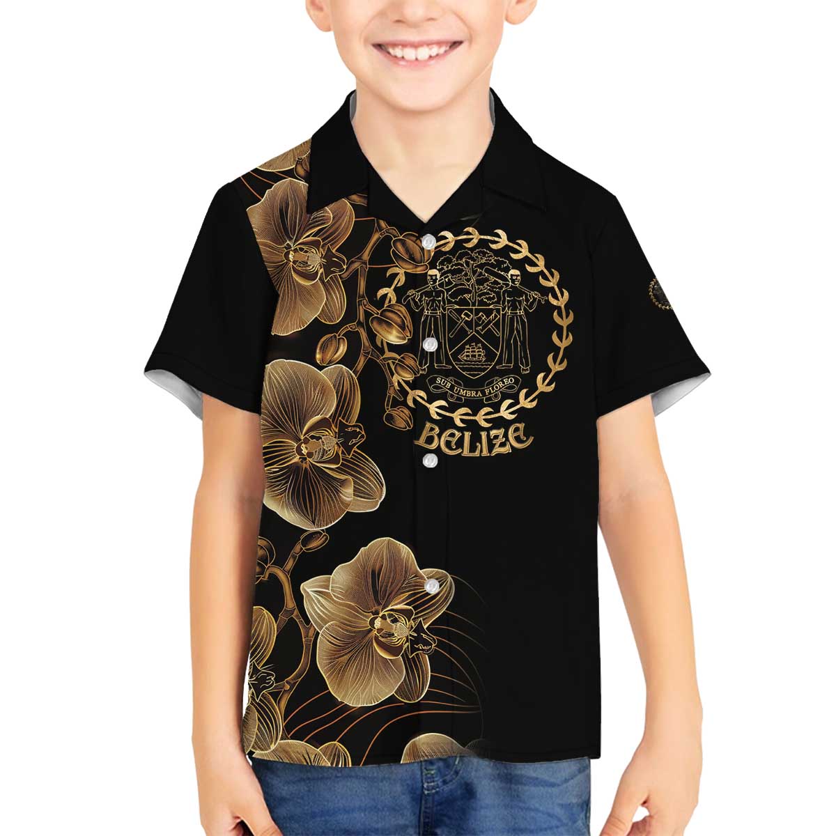 Belize Gold Orchid Family Matching Off The Shoulder Long Sleeve Dress and Hawaiian Shirt Luxury Stylized