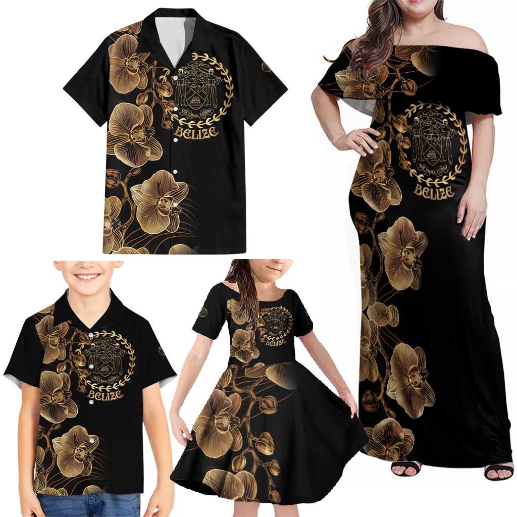 Belize Gold Orchid Family Matching Off Shoulder Maxi Dress and Hawaiian Shirt Luxury Stylized
