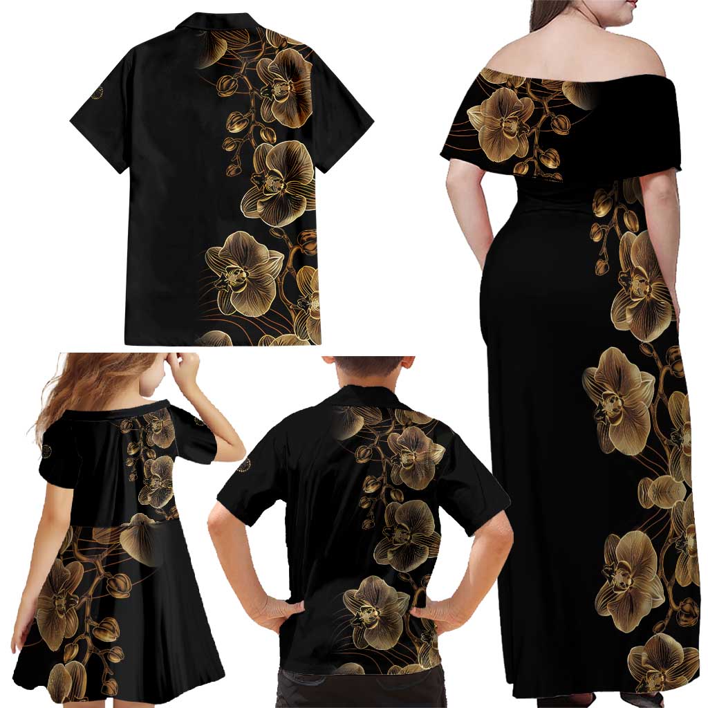 Belize Gold Orchid Family Matching Off Shoulder Maxi Dress and Hawaiian Shirt Luxury Stylized