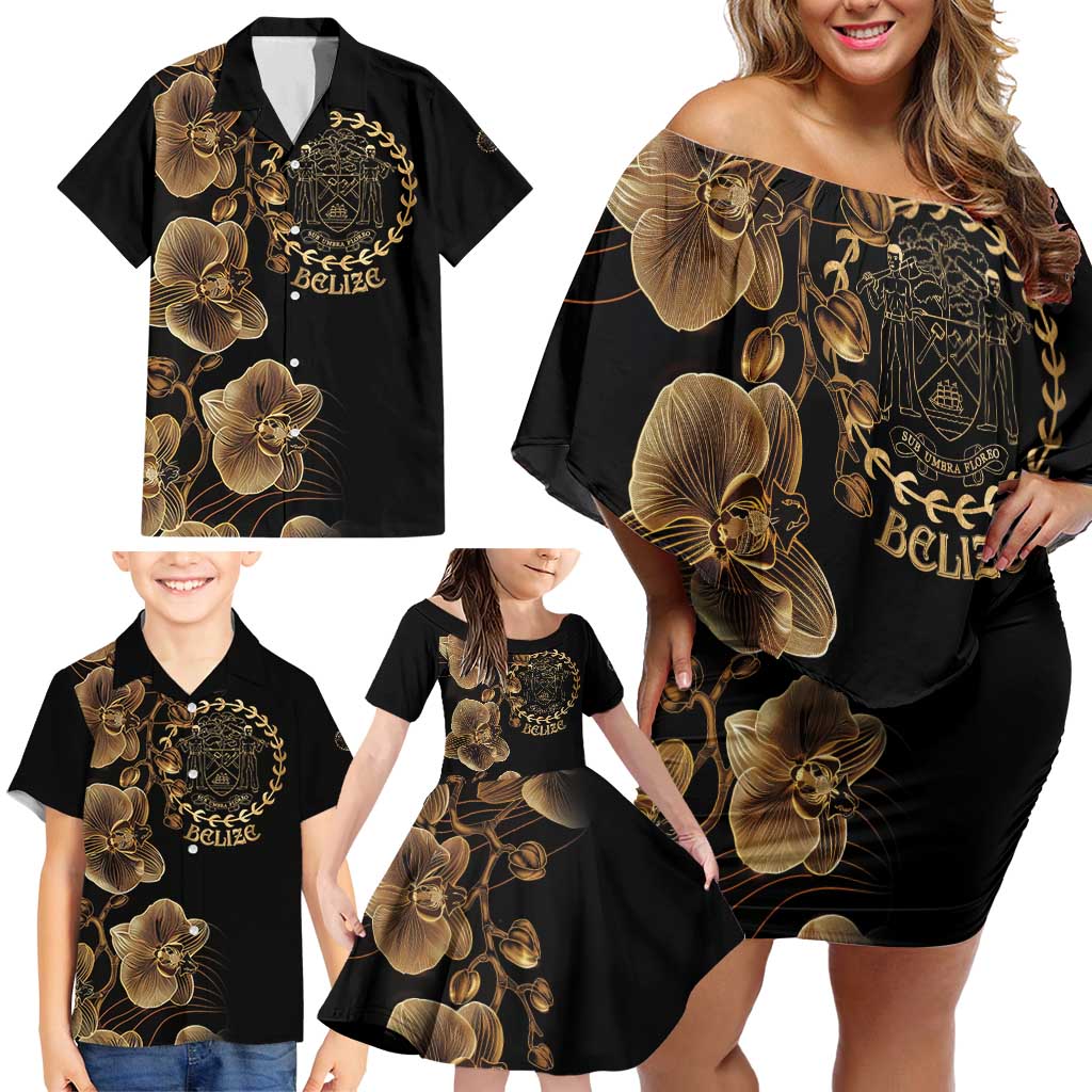 Belize Gold Orchid Family Matching Off Shoulder Short Dress and Hawaiian Shirt Luxury Stylized