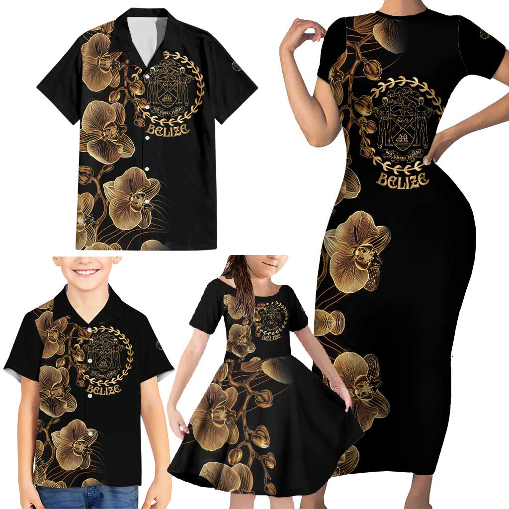 Belize Gold Orchid Family Matching Short Sleeve Bodycon Dress and Hawaiian Shirt Luxury Stylized