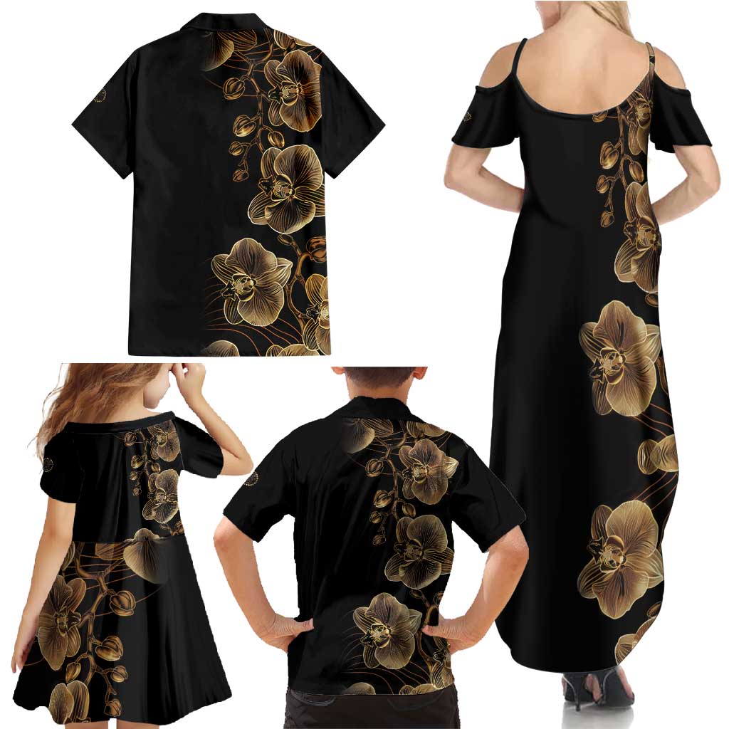 Belize Gold Orchid Family Matching Summer Maxi Dress and Hawaiian Shirt Luxury Stylized