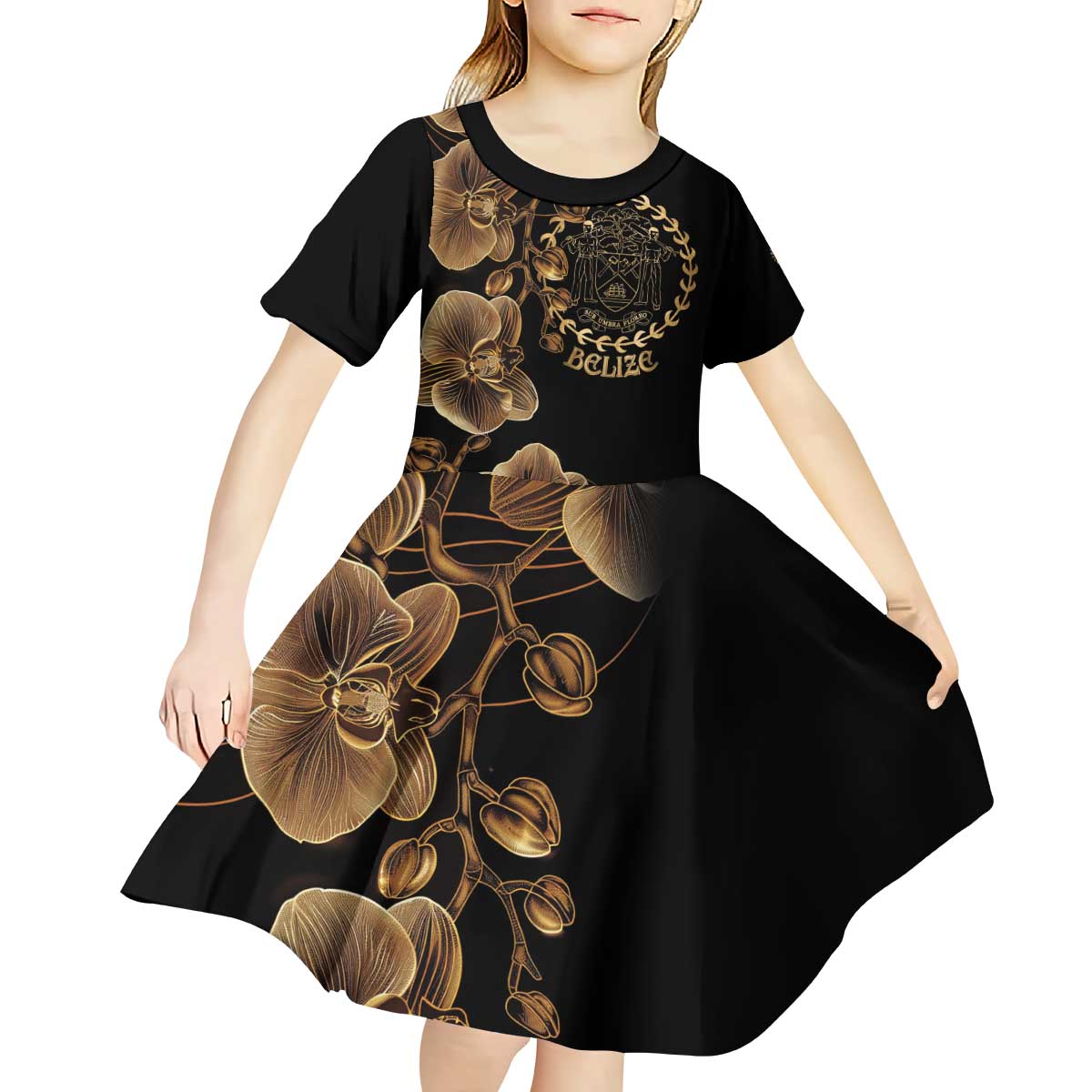 Belize Gold Orchid Kid Short Sleeve Dress Luxury Stylized