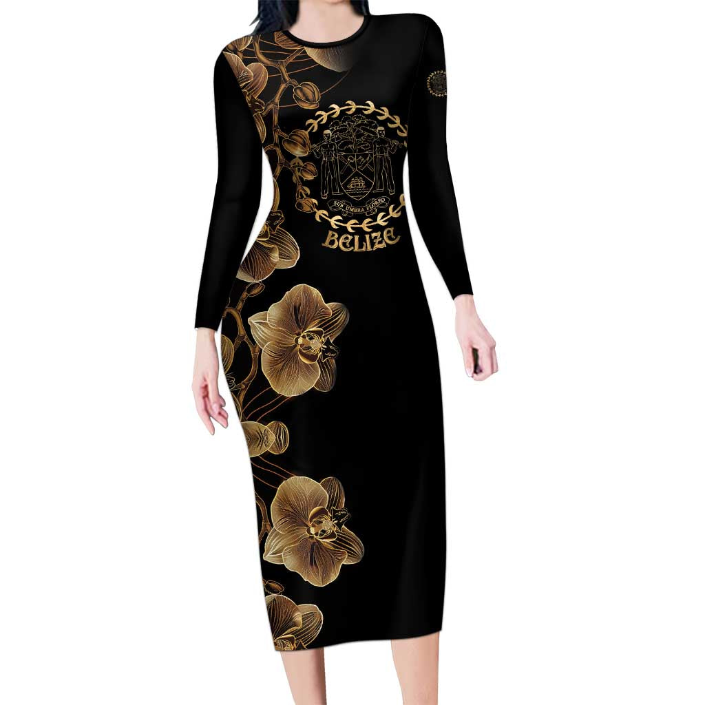 Belize Gold Orchid Long Sleeve Bodycon Dress Luxury Stylized