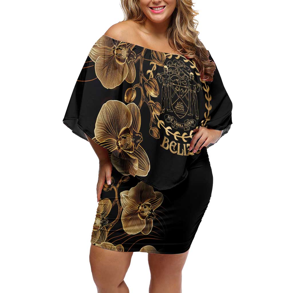 Belize Gold Orchid Off Shoulder Short Dress Luxury Stylized