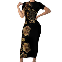 Belize Gold Orchid Short Sleeve Bodycon Dress Luxury Stylized