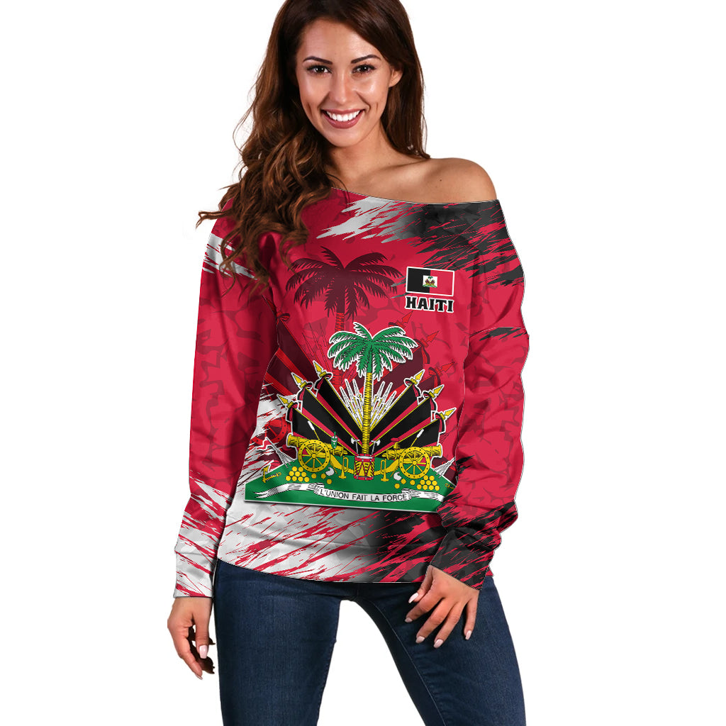 Personalised Haiti 1964 Off Shoulder Sweater Ayiti Coat Of Arms With Flag - Wonder Print Shop