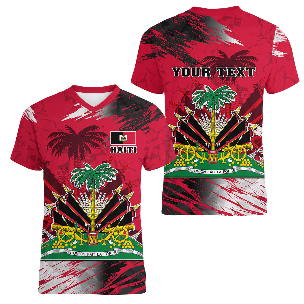 Personalised Haiti 1964 Women V Neck T Shirt Ayiti Coat Of Arms With Flag - Wonder Print Shop