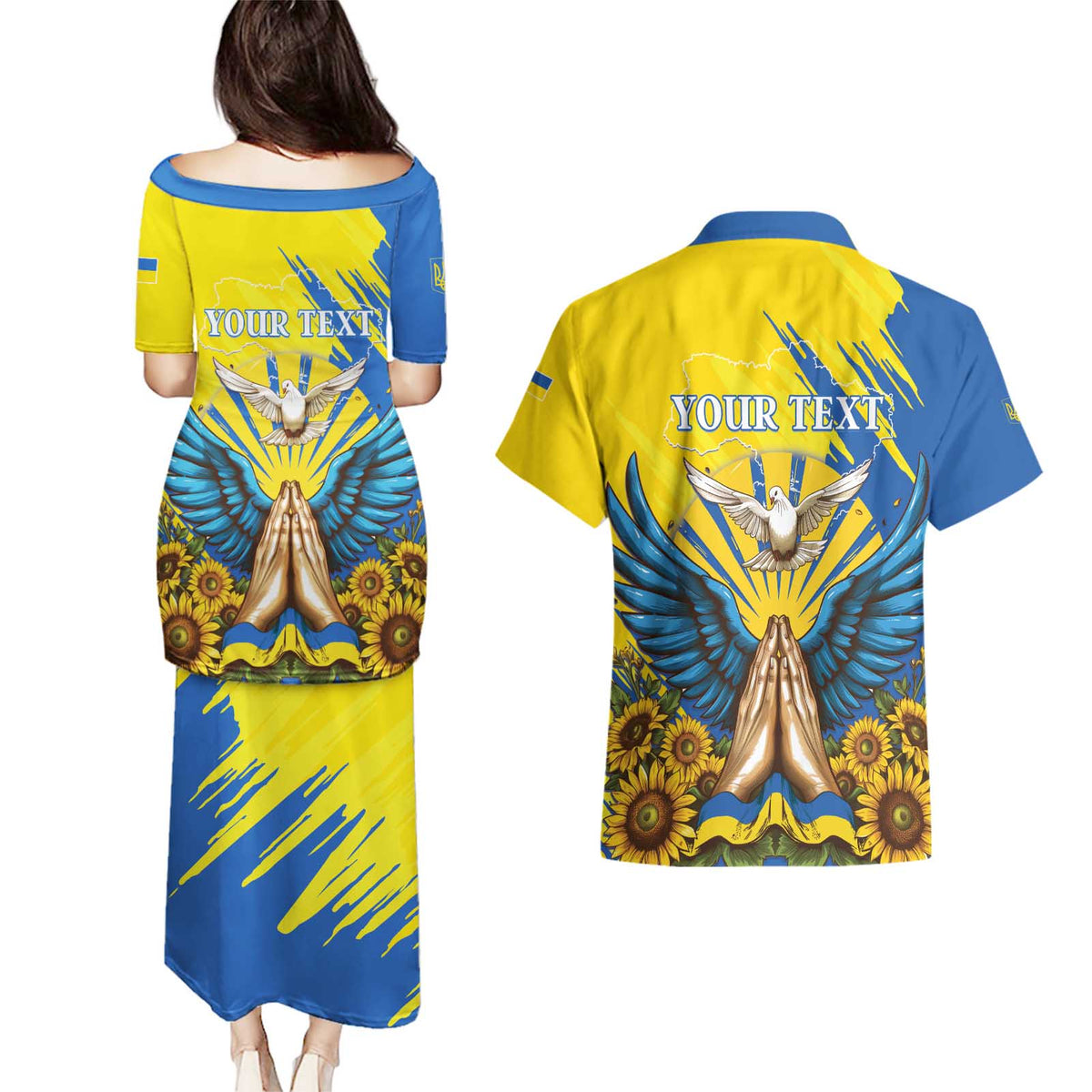 Ukraine Independence Day Couples Matching Puletasi and Hawaiian Shirt Ukrainian Dove Sunflower - Wonder Print Shop
