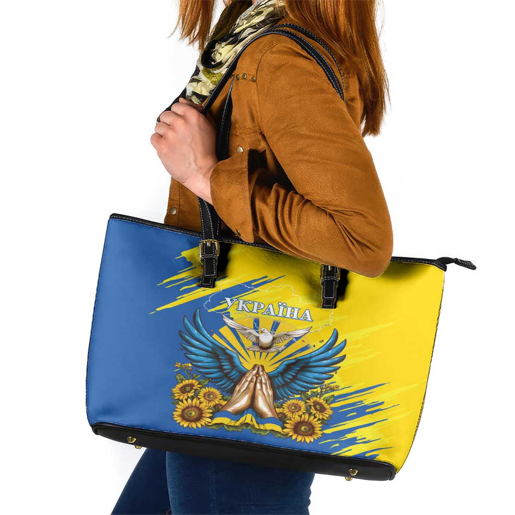 Ukraine Independence Day Leather Tote Bag Ukrainian Dove Sunflower - Wonder Print Shop