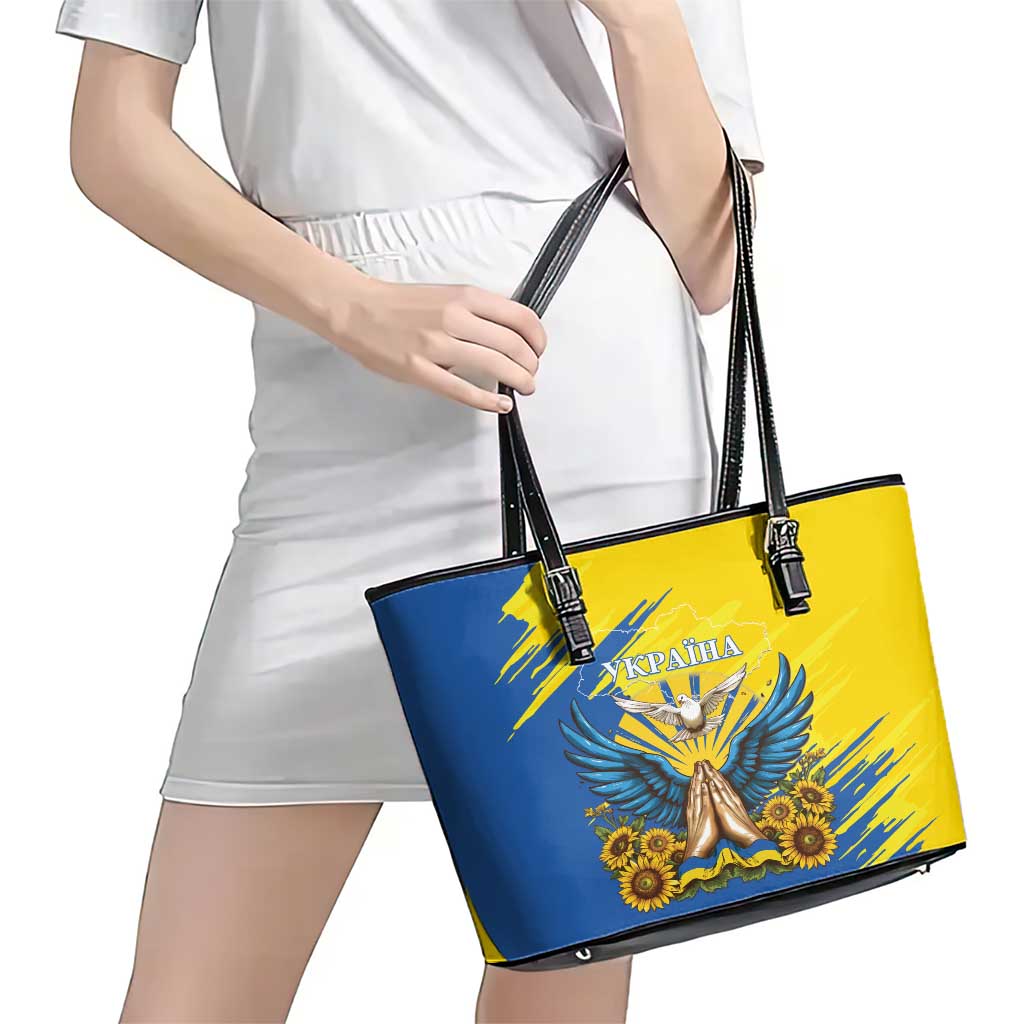 Ukraine Independence Day Leather Tote Bag Ukrainian Dove Sunflower - Wonder Print Shop