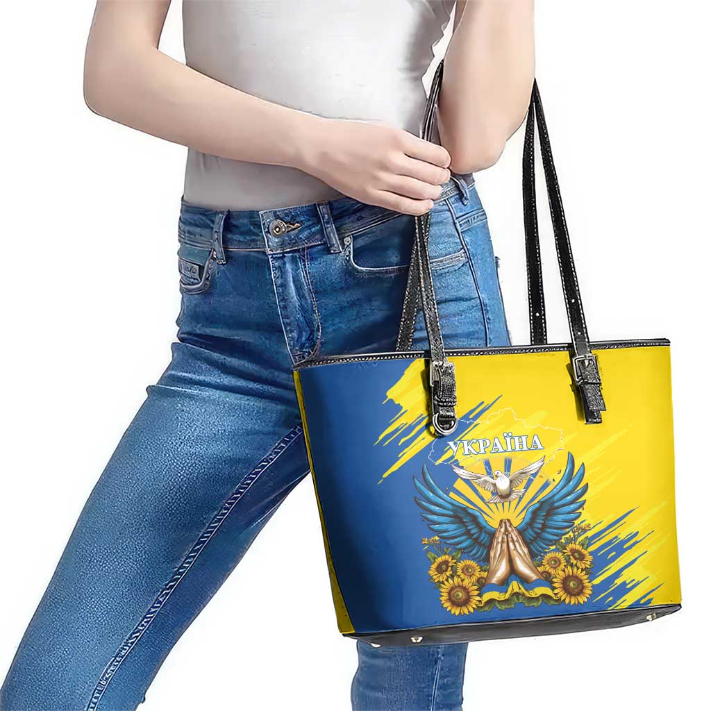 Ukraine Independence Day Leather Tote Bag Ukrainian Dove Sunflower - Wonder Print Shop