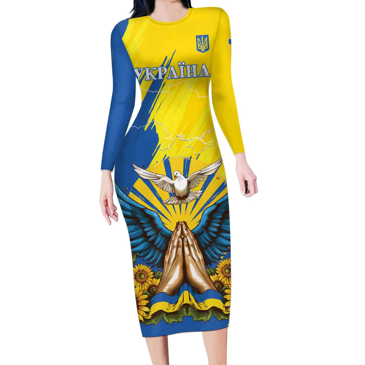 Ukraine Independence Day Long Sleeve Bodycon Dress Ukrainian Dove Sunflower - Wonder Print Shop