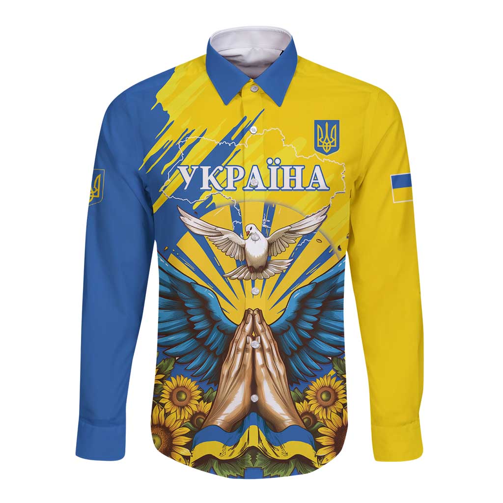 Ukraine Independence Day Long Sleeve Button Shirt Ukrainian Dove Sunflower - Wonder Print Shop