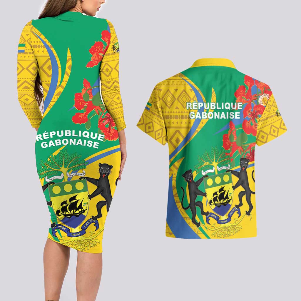 Gabon Independence Day Couples Matching Long Sleeve Bodycon Dress and Hawaiian Shirt Gabonaise Flamboyant African Pattern - Wonder Print Shop