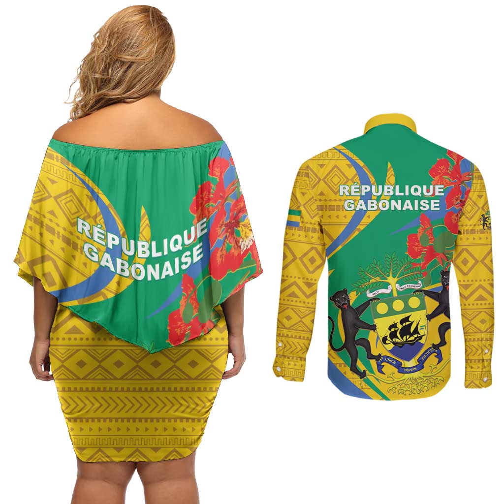 Gabon Independence Day Couples Matching Off Shoulder Short Dress and Long Sleeve Button Shirt Gabonaise Flamboyant African Pattern - Wonder Print Shop