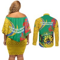 Gabon Independence Day Couples Matching Off Shoulder Short Dress and Long Sleeve Button Shirt Gabonaise Flamboyant African Pattern - Wonder Print Shop