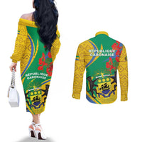 Gabon Independence Day Couples Matching Off The Shoulder Long Sleeve Dress and Long Sleeve Button Shirt Gabonaise Flamboyant African Pattern